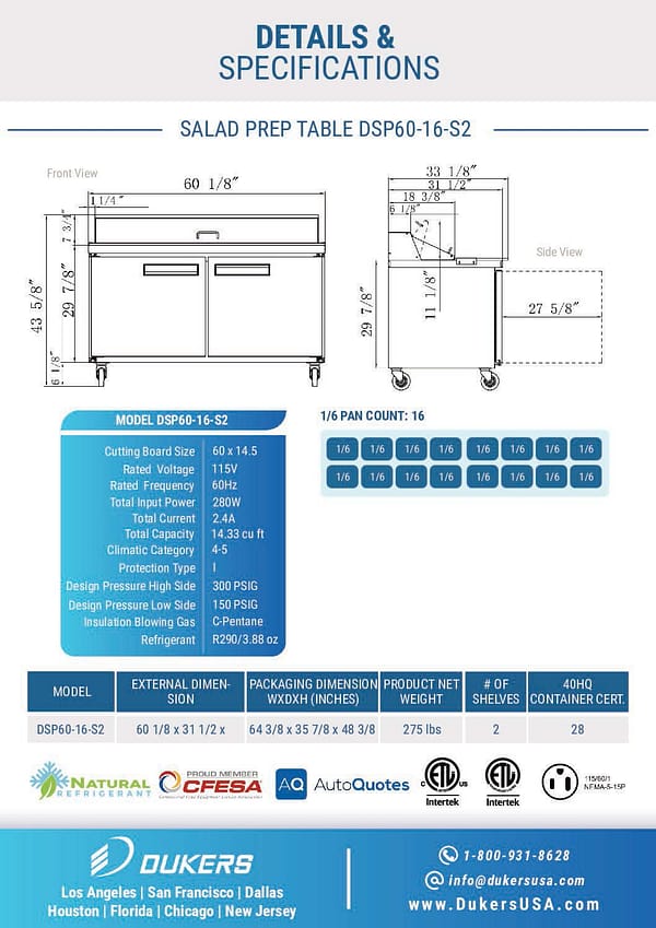 Specification of 2-Door Commercial Food Prep Table Refrigerator in Stainless Steel