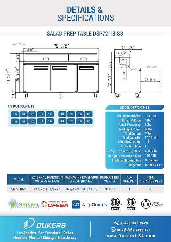 Specification: DSP72-18-S3 3-Door Commercial Food Prep Table Refrigerator